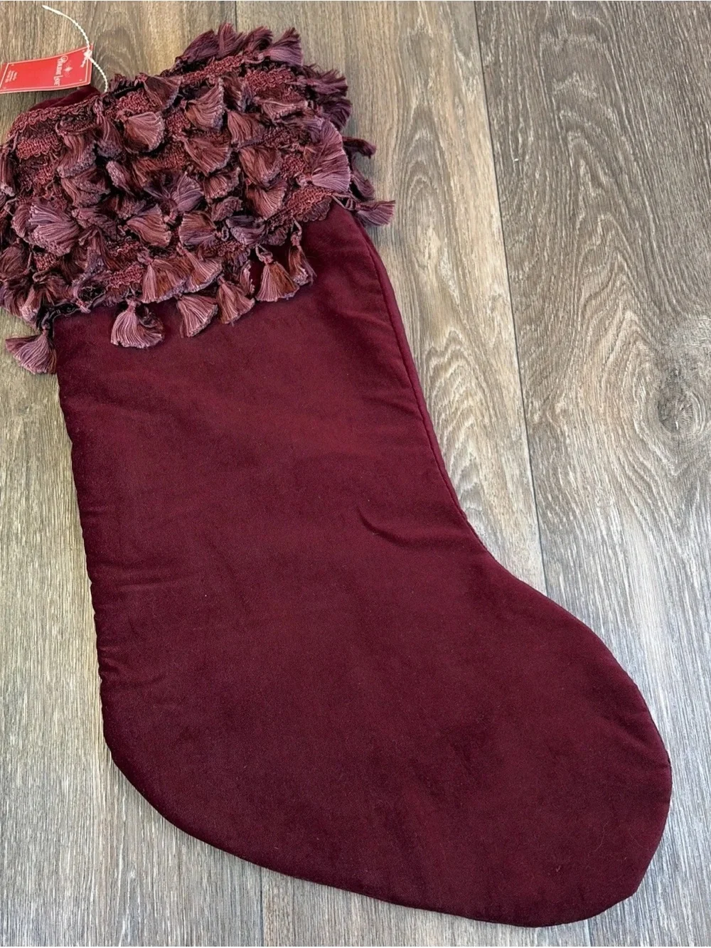 Macy's Holiday Lane Burgundy Velvet Christmas Stocking with Fringe 21